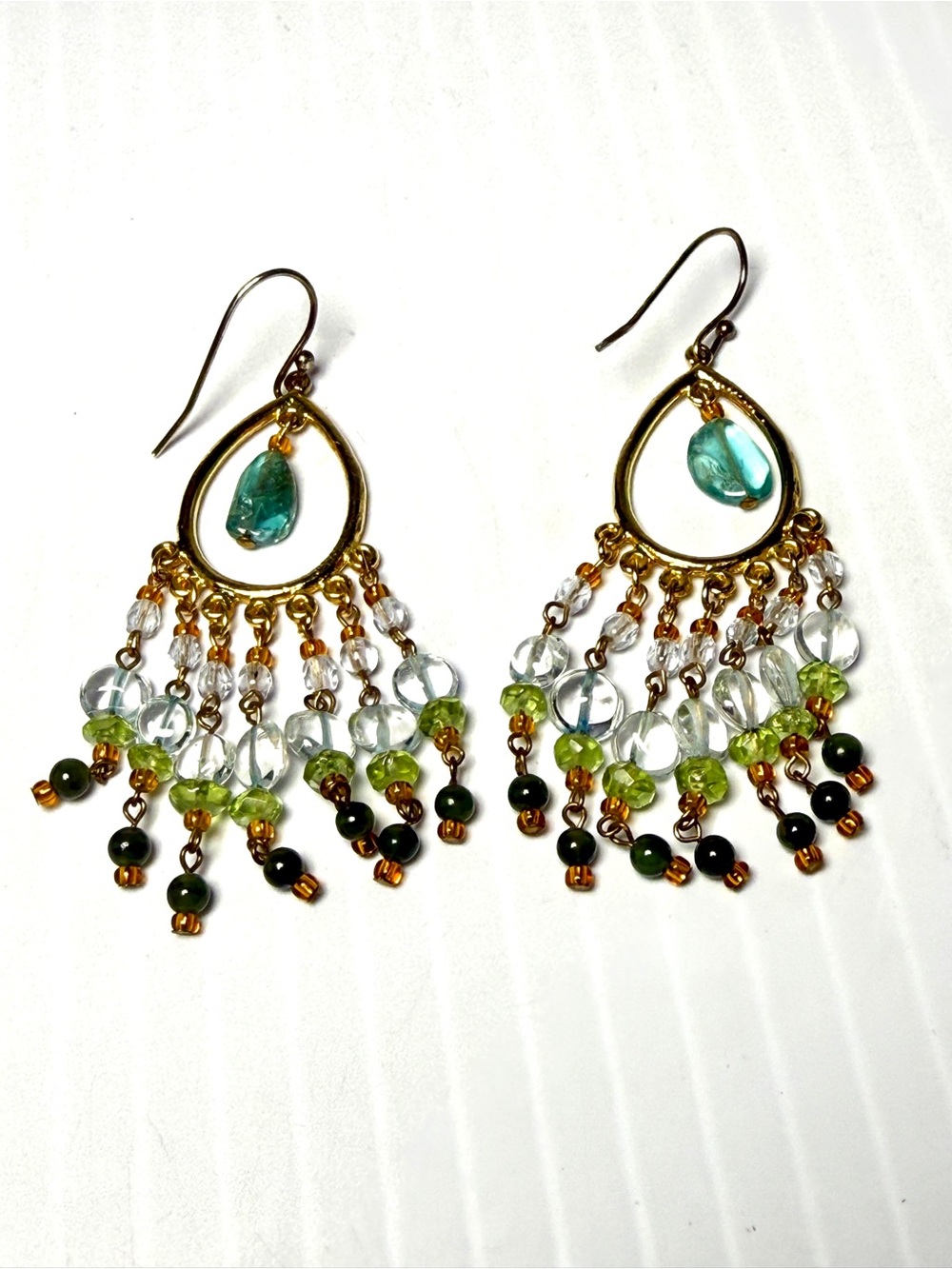 Gold Teardrop Chandelier Earrings with Green and Clear Beads